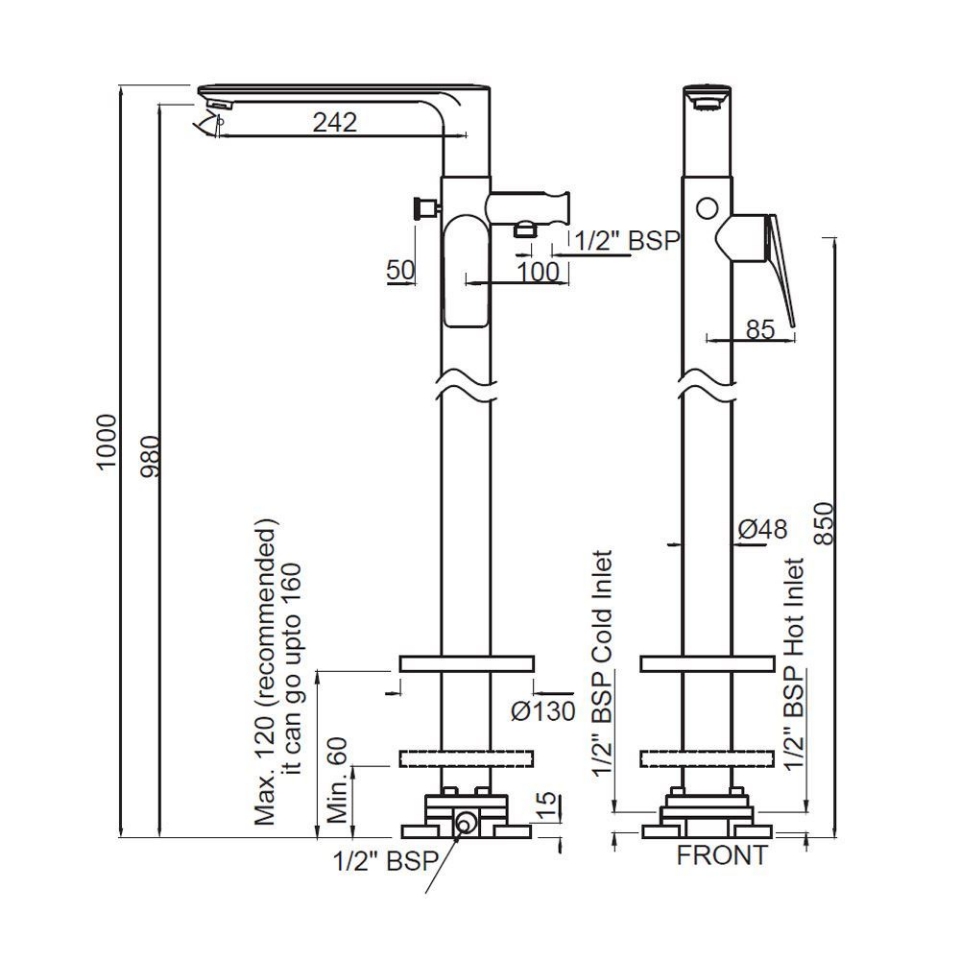 Laguna- Exposed Parts of Floor Mounted Bath Mixer | Jaquar Global