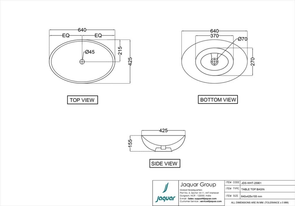 Table Top Basin by JDR Range | 640x425x155mm | Jaquar Global