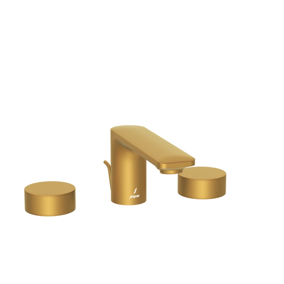 صورة خلاط مغسلة بثلاث فتحات له نظام تصريف منبثق - ذهبي مطفي PVD