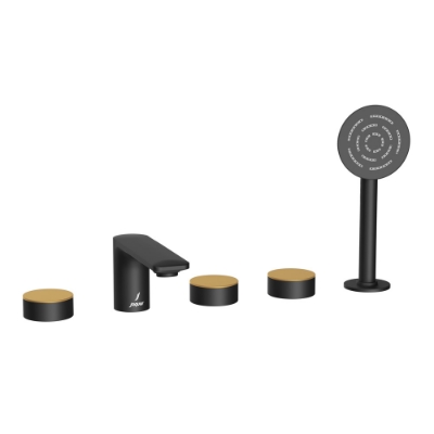 الصورة: خلاط حمام وشاور بخمس فتحات - الذراع: ذهبي مطفي PVD | الجسم: أسود مطفي