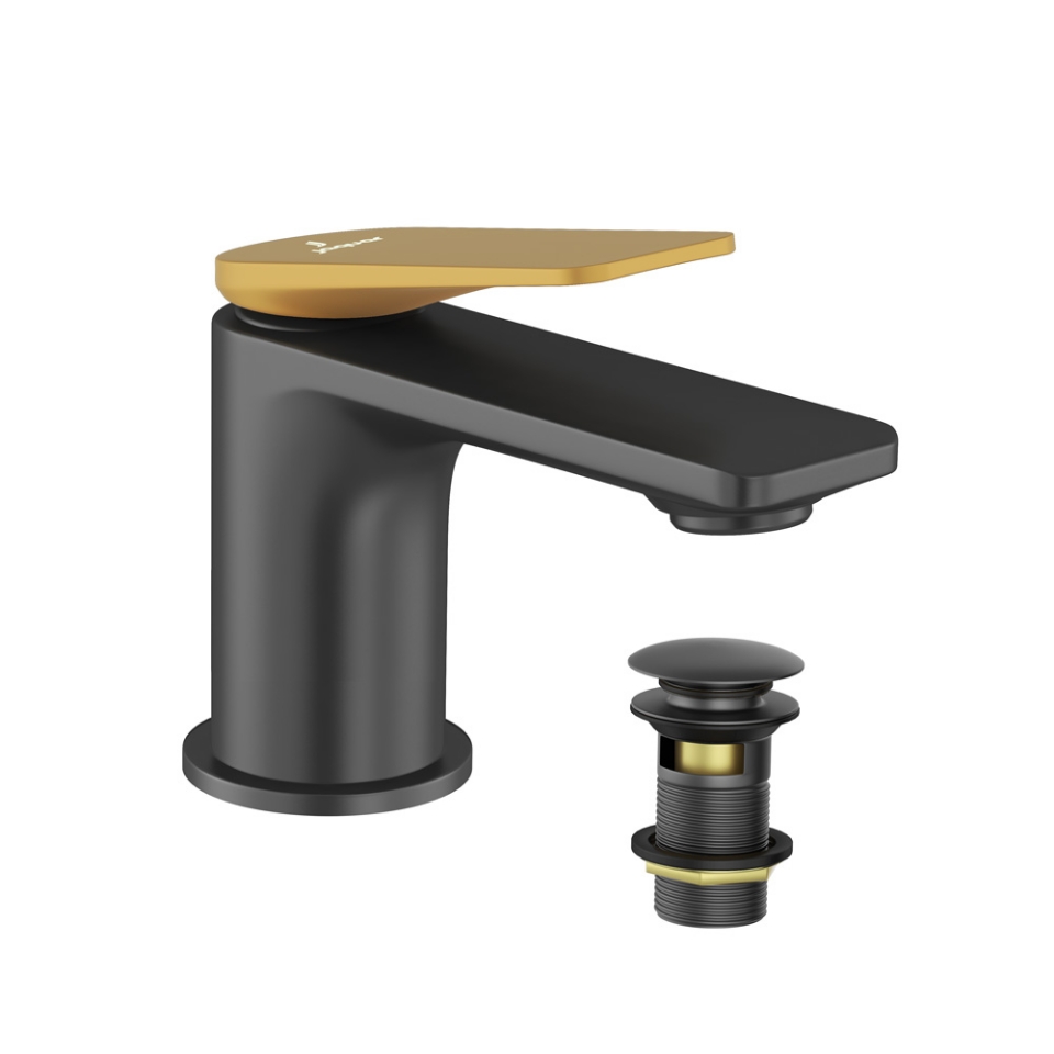 صورة خلاط مغسلة بذراع واحد - الذراع: ذهبي مطفي PVD | الجسم: أسود مطفي