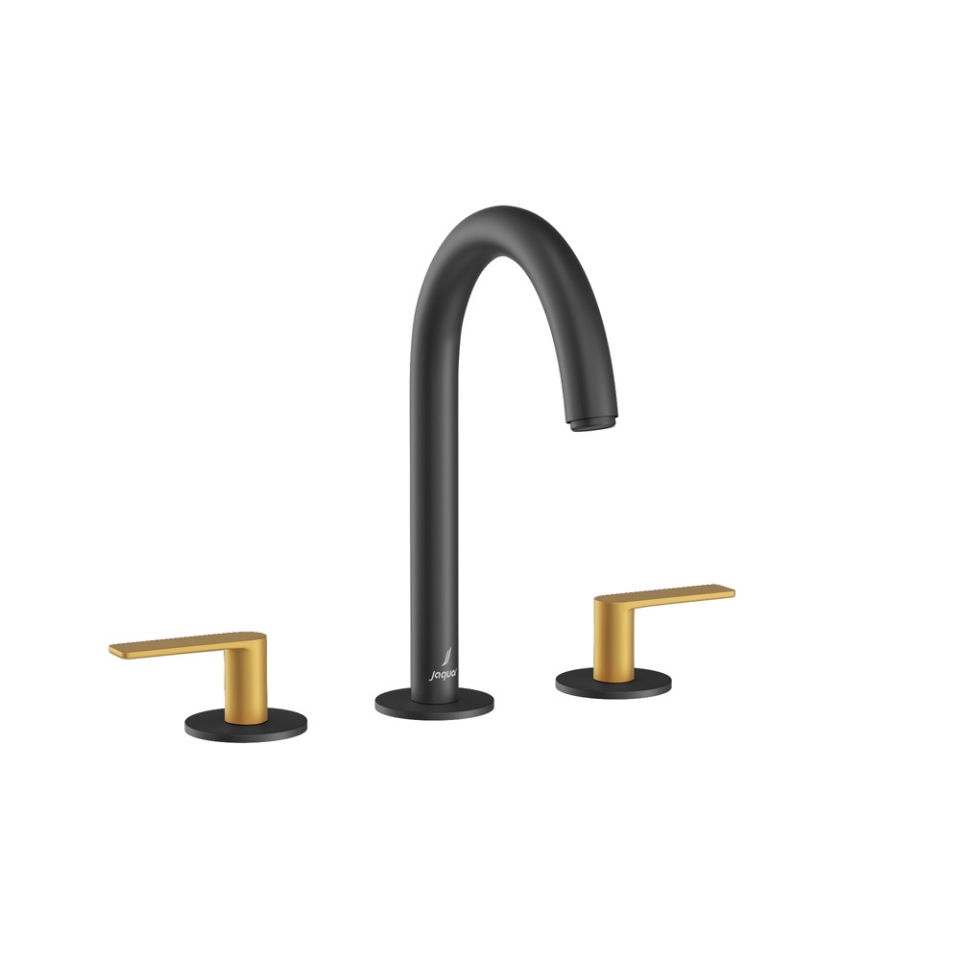 صورة 3-Hole Basin Mixer with Pipe Spout - Lever: Gold Matt PVD | Body: Black Matt