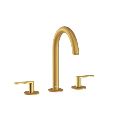 الصورة: 3-Hole Basin Mixer with Pipe Spout - Lever: Gold Bright PVD | Body: Gold Matt PVD