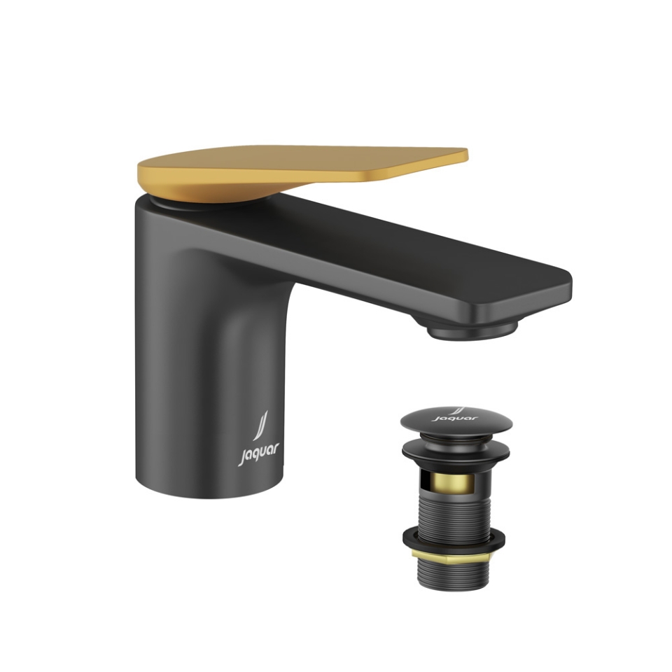 Picture of Single lever basin mixer with click clack waste - Lever: Gold Matt PVD | Body: Black Matt